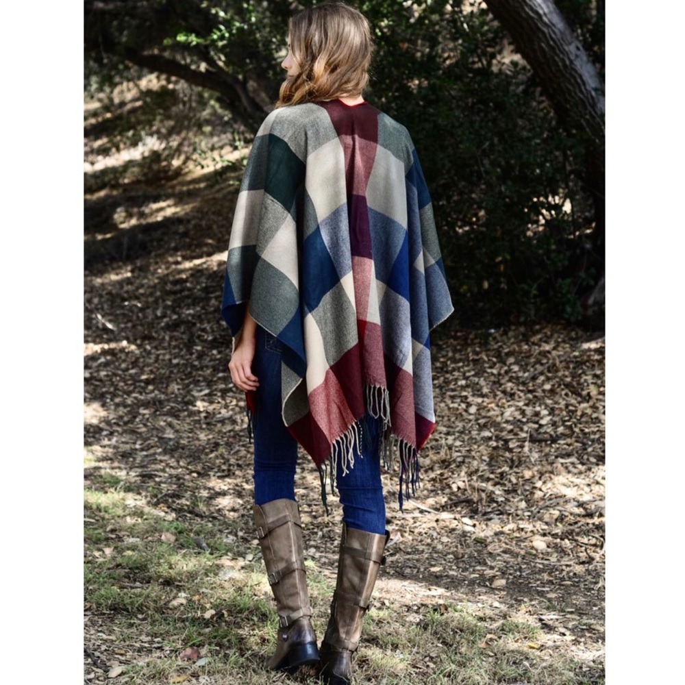 Red Navy Cream Plaid Fall Ruana Poncho Shawl Scarf - Picture 8 of 8